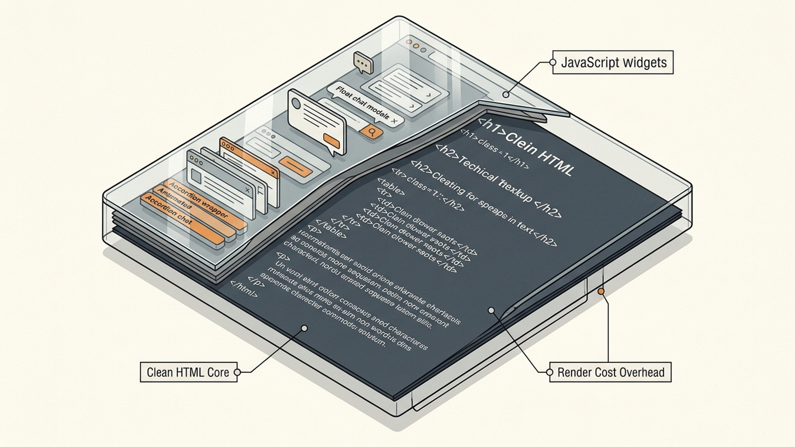 Technical cutaway contrasting content behind an interactive page element with text available in the initial HTML.