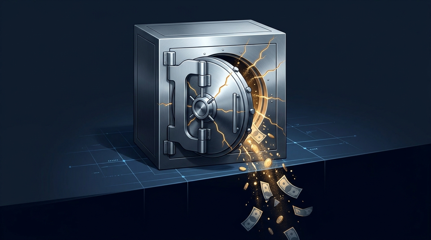 A cracked open budget vault with coins and currency draining through multiple fissures into darkness, representing Google Ads wasted spend sources