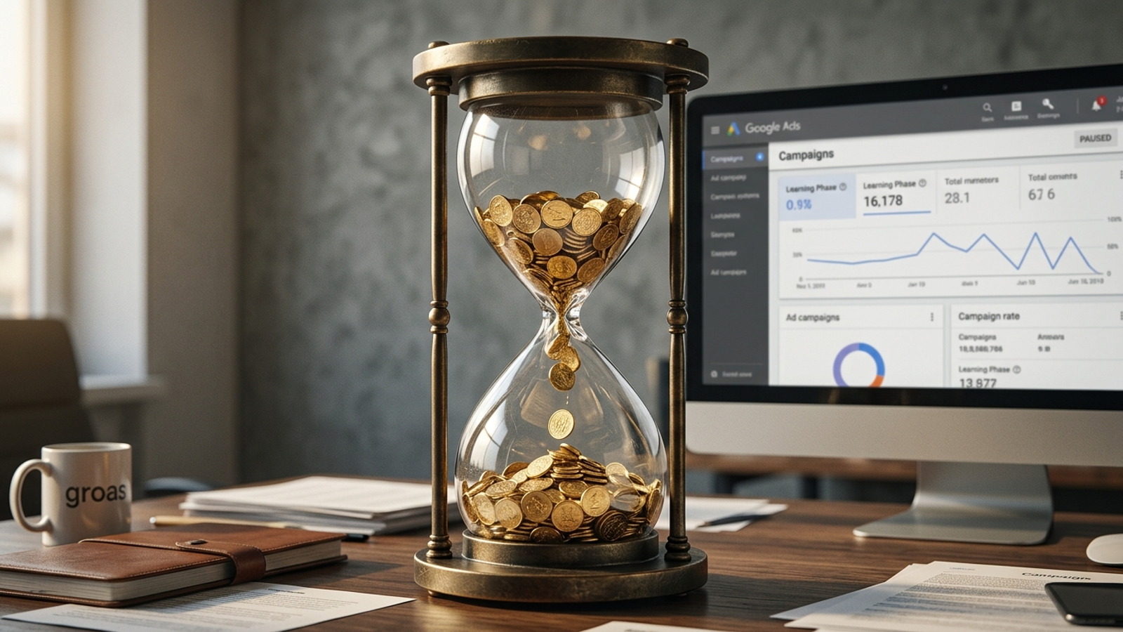 Hourglass filled with coins instead of sand beside a paused Google Ads dashboard