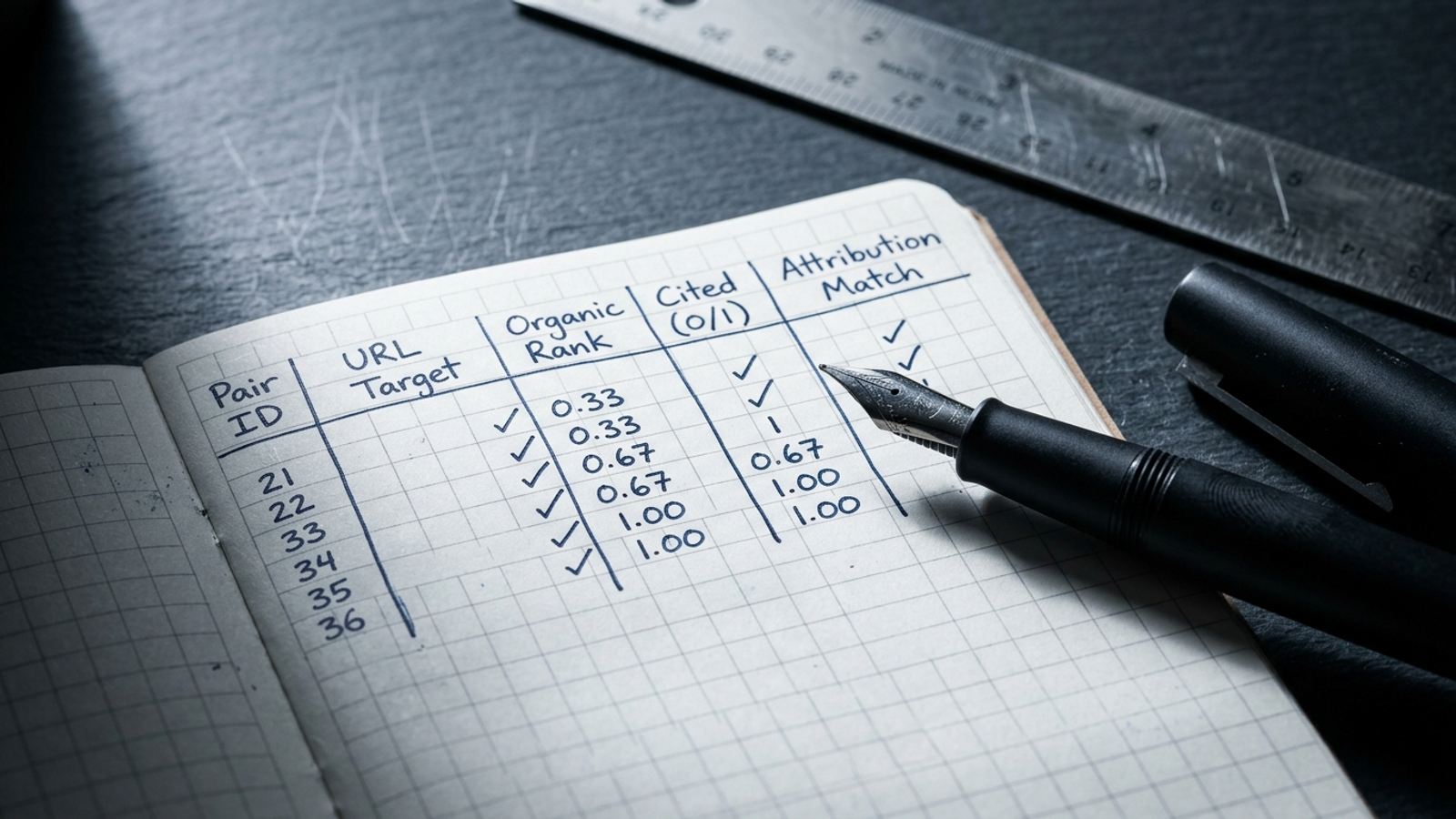 A forensic lab notebook open on a dark slate work surface with handwritten column headings and citation logging checks