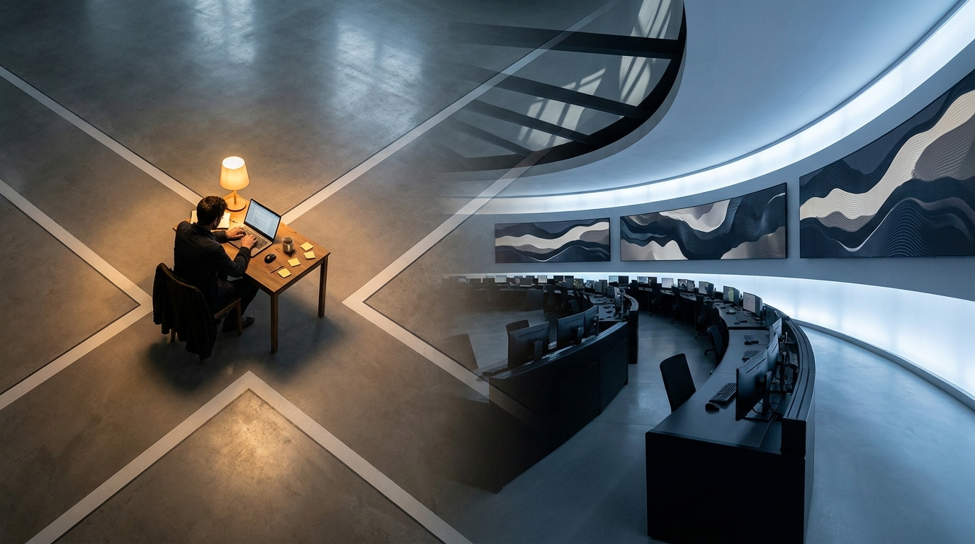 A lone figure at a crossroads in a modern office environment, contrasting a single freelancer's desk with a sleek automated command center beyond