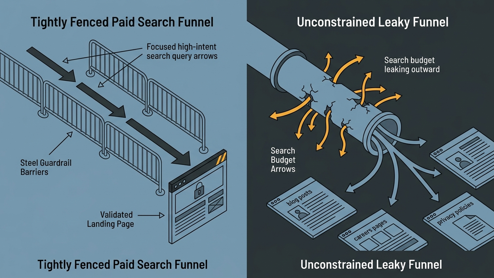 Diagram of a fenced AI Max Search setup sending traffic to a lead form, contrasted with traffic leaking across unrelated site pages.